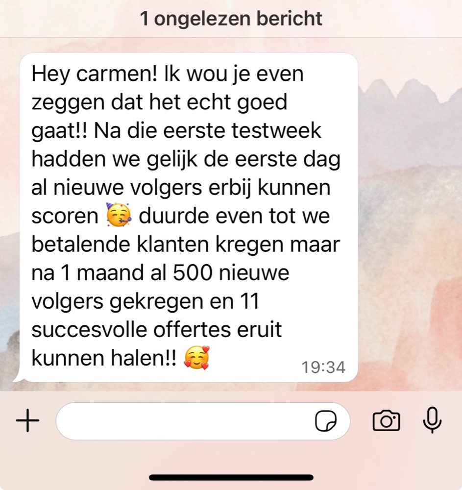WhatsApp-bericht van een klant over 500 nieuwe volgers en 11 offertes